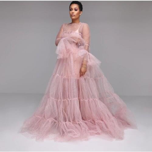 New Pink See Thru Sprkle Tulle Maternity Dress For Photoshoot Full Sleeves Women Dresses Tulle Robe Long A-line Baby Shower Robe