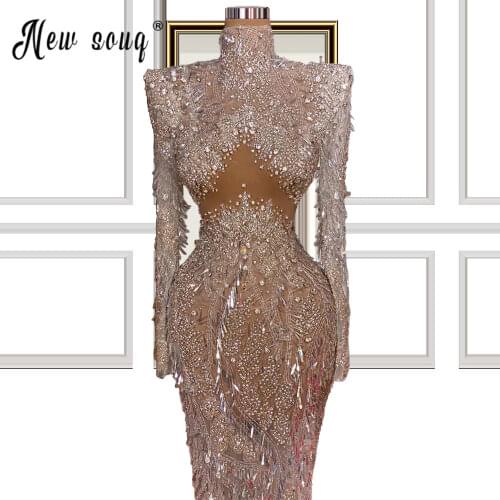 Sparkly Crystals Beading Transparent Dress Prom Evening Sexy See Through Water Crystals Costume Birthday Long Sleeves 2021