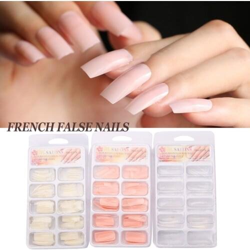 100 Pcs/bag French False Nails Extra Long Jelly pink Square Full Cover Fake Nail Natural White Clear Acrylic Nail Tips