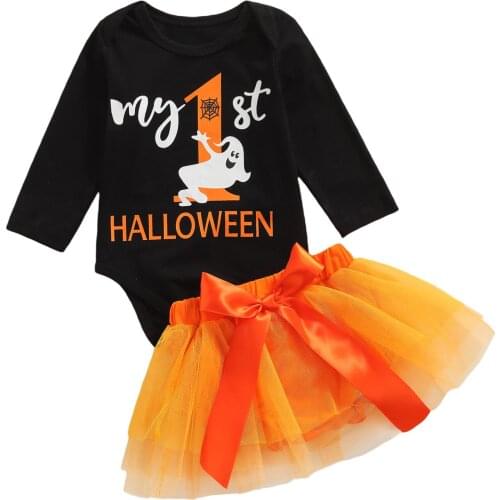 2021 0-12M My 1st Halloween Infant Girl Clothes Letter Ghost Print Long Sleeve Romper+Bow Orange Shorts Tulle Skrit Costume 2pcs
