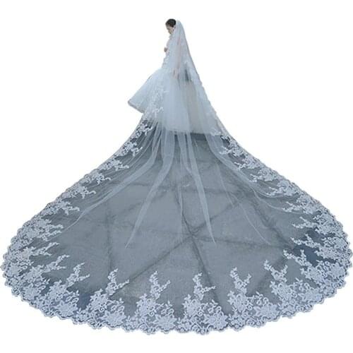 2019 Best Selling 3M Lace Wedding Veils Long Soft Tulle Cathedral Length White Ivory Bridal Veils with Comb Appliqued Wedding