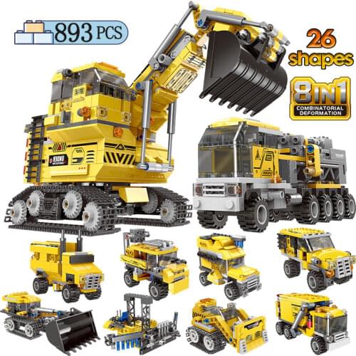 893PCS City 8 in 1 Technical Engineering Truck Building Block City Creator Excavator Car Crane Tower MOC Bricks Toy for Children