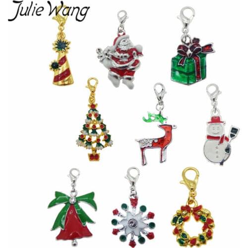 Julie Wang 9PCS Mixed Enamel Christmas Decoration Tree Bell Snowman Keychains Alloy Lobster Clasp Charms Key Chains Jewelry