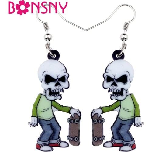 Bonsny Acrylic Halloween Skater Skull Earrings Big Long Dangle Drop Fashion Punk Jewelry For Girls Women Ladies Teens Accessory