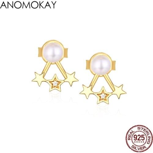 Anomokay Trendy Gold Color Three Pentagram Pearl Earring for Women Girl Gift Real 925 Silver Geometric Earring Luxury Jewelry