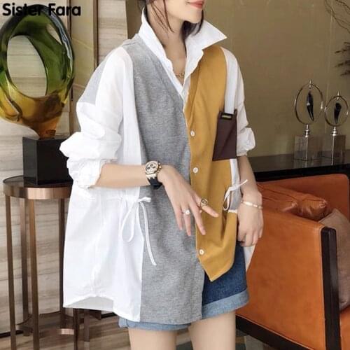 Sister Fara Patchwork Asymmetrical Womens Shirt Spring Turn-down Collar Long Sleeve Blouse Summer Ladies Long Casual Blouses