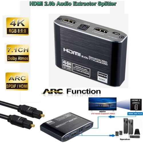 HDMI 2.0 Audio Extractor 4K 60Hz RGB8:8:8 HDR HDMI ARC Splitter Audio Converter 4K HDMI to Optical TOSLINK SPDIF 7.1 Descript