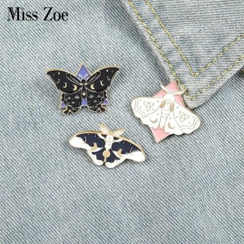 Moth Butterfly Enamel Pins Custom Moon Phase Brooch\ Bag Clothes Lapel Pin Gothic Badge Jewelry Gift for Kids Friends