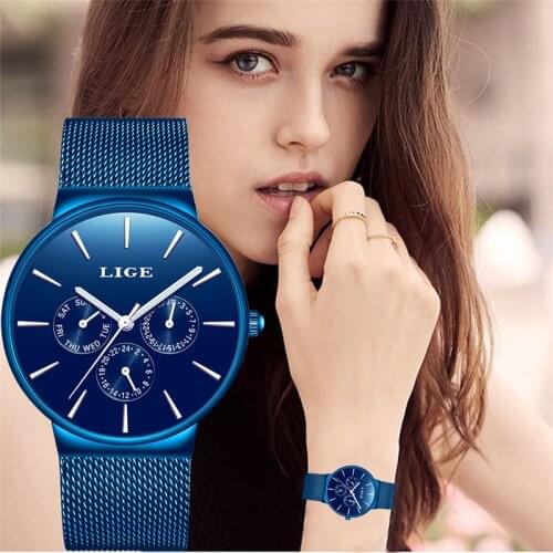 LIGE Women Fashion Blue Quartz Watch Lady All steel grid Watchband High Quality Casual Waterproof Wristwatch Gift for Wife 2019