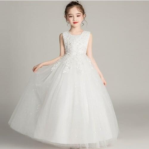 Childrens Long Wedding Dress Pompous Mesh Princess Dress 3-15 Years Old Childrens Day Show Dress