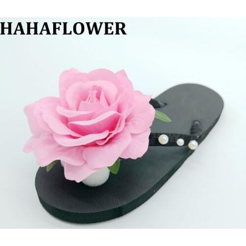 HAHAFLOWER Sweet pink Rose Flower flat Slipper Women Casual Shoes Beach Slippers big size free shipping