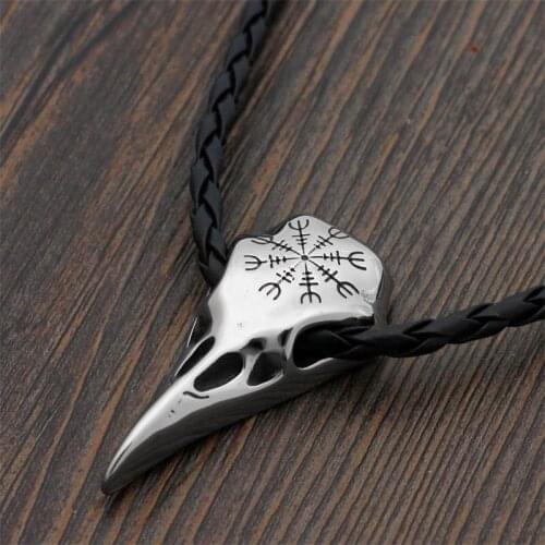 Stainless Steel Crow Skull Pendant Necklace Nordic Viking Odin Rune Leather Chain Necklace New Gothic Jewelry