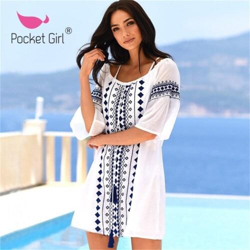 Pocket Girl 2020 New Sexy Bikini Cover Ups Women Dress Chiffon Beach Tunic Swimsuits Cover Up Summer Dress Vintage Beach Sarongs