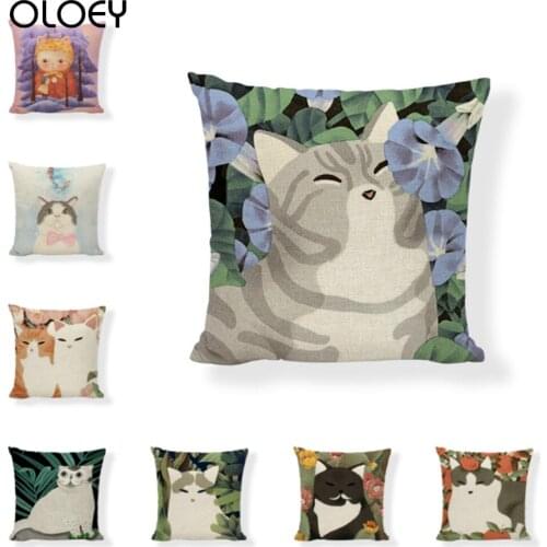 Woodland Animal Cat Pillowcase Cotton Linen Living Room Sofa Bedroom Office Decorative Cushion Cover 45*45cm