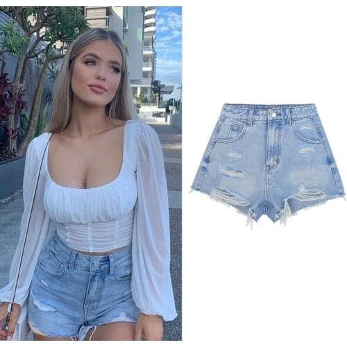 Summer New Womens High-Waisted Soft Washed Hole Light Blue a-Line Denim Shorts Loose Wide-Leg Beach Sexy Long-Leg Hot Pants y2k