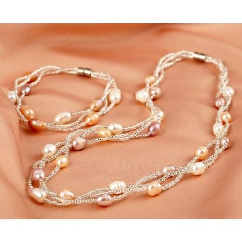 HOT CHEAP Real Freshwater Cultured Natural Pearl Necklace Bracelet Earrings Set Wedding Bridal Jewelry Set for Women Lady