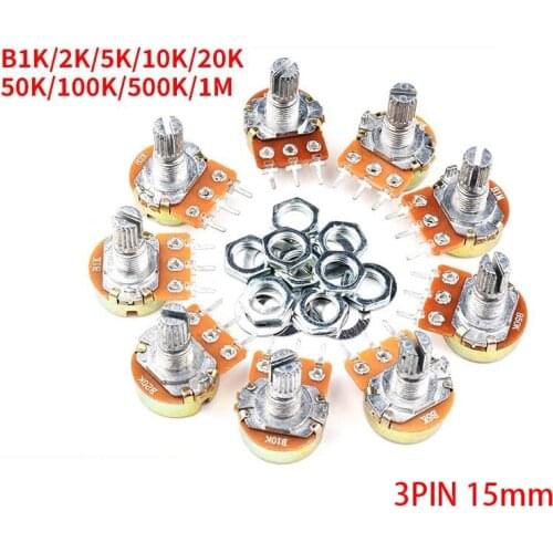 1PCS WH148 Linear Potentiometer 15mm Shaft With Nuts And Washers 3pin WH148 B1K B2K B5K B10K B20K B50K B100K B250K B500K B1M