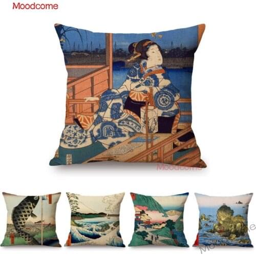 Japanese Ando Hiroshige Ukiyoe Asian Art Geisha Vintage Exotic Decoration Sofa Throw Pillow Case Car Pillow Linen Cushion Cover