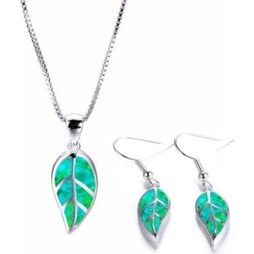 Fashion Leaf Jewelry Set For Women Imitation Green Fire Opal Pendant Necklace Earrings Fasjion Women Wedding Band Jewelry