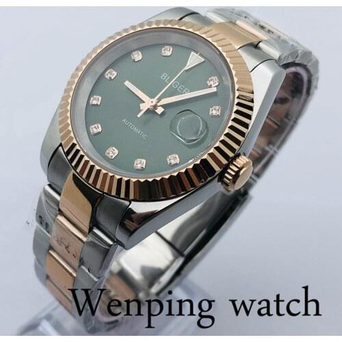 Bliger 40mm Silver Rose Gold Case Sapphire Glass Green Dial Date Waterproof Stainless Steel Mens Top Automatic Watch