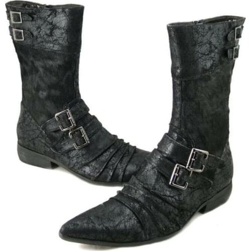 Men Suede Leather Retro Punk Ankle Boots Buckle Belt Gothic Point Toe Shoes Chelsea Chunky Low Heel Plus Size