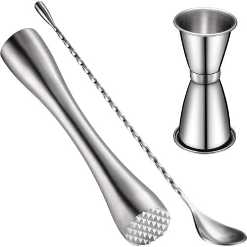 Cocktail Shaker Set, Stainless Steel Cocktail Muddler, Double Cocktail Jigger And Spiral Pattern Bar Cocktail 3 Pack