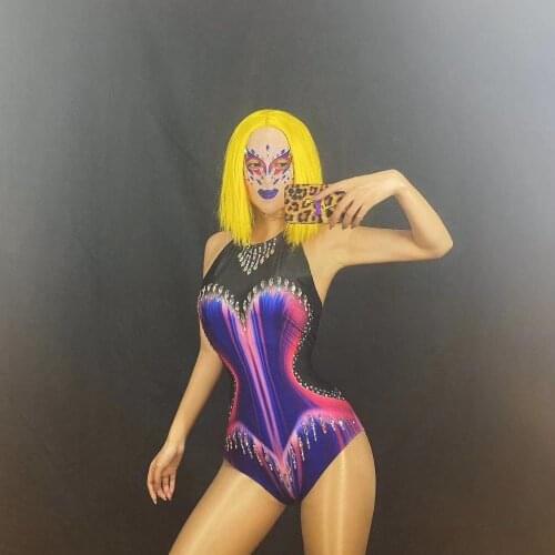 New Bar DJDS Performance Purple Jumpsuit Nightclub Female Singer Rhinestone Headgear Mask Women Stage Sexy Bodysuit DQL3746