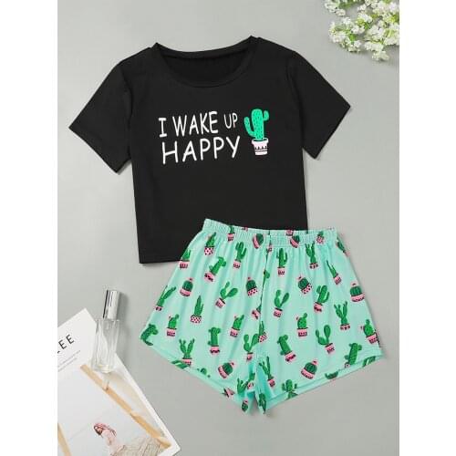 New Style Womens Cute Cartoon Cactus Short Sleeve T Shirts & Shorts Pajama Set Summer Comfortable Sleepwear Home Suits