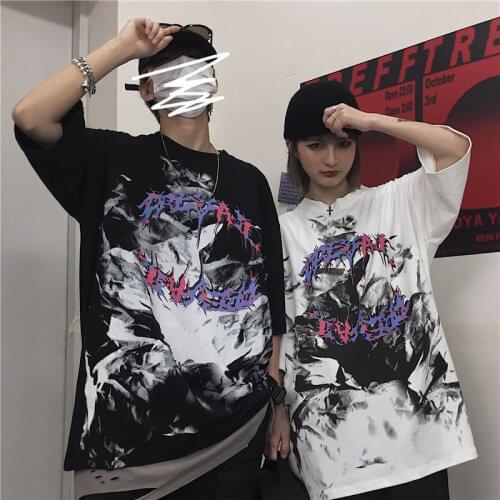 Lovers clothes Harajuku style T-shirt tide dark funeral graffiti printing ins short-sleeved top hip-hop men and women streetwear