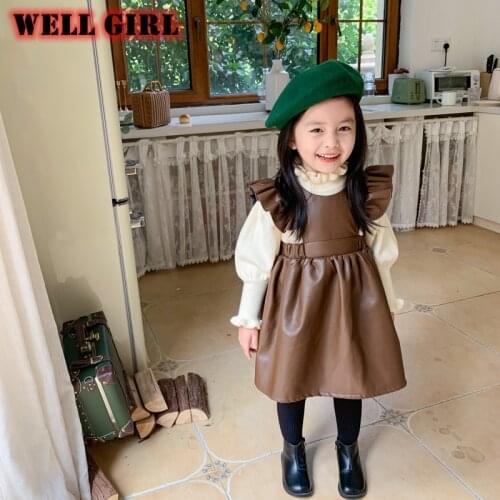 Autumn Fall Girls Mid Length Dress Fly Sleeve PU Leather Suspender Strap Dress Korean Vestidos Toddler Ruch Swing 1-8 Yrs
