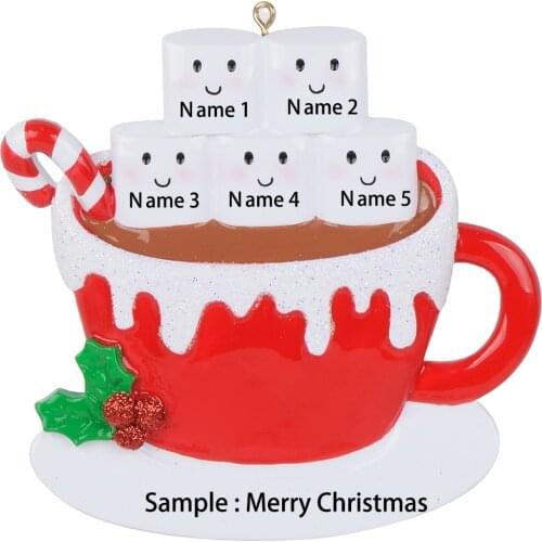 Personalized Marshmallow Couples Christmas Ornament - Hot Cocoa Coffee Mug Family of 5 - Your Choice Names and Date