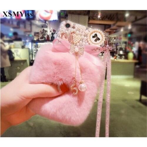 Luxury Diamond Pearl Bowknot Tassel Warm Soft Fur Rabbit Fur Hair Case For iphone 12 11 Pro MAX Xs XR 6 6S 7 8 Plus Phone Case