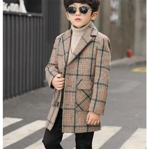 Boy Wool Coat for Autumn & Winter Childrens Jacket Fashion Turn Collar Plaid Plus Cotton Warm Outerwear Teenager Clothes 2021