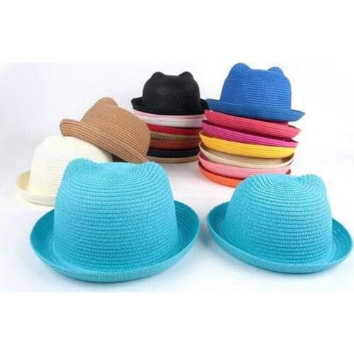 Seioum Brand Straw Hats Summer Baby Ear Decoration Lovely Children Character Girls and Boys Sun Hat Solid Kid Floppy Panama