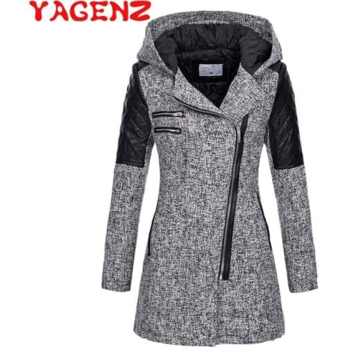 YAGENZ Fashion Winter Jacket Women Wool Coat Jacket Hooded Zipper Female Woolen Coat Splice Overcoat Outwear Manteau Femme 642