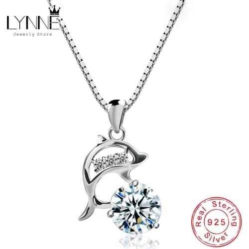 LYNNE Jewelry Fashion 925 Sterling Silver CZ Dolphin Pendant Necklace Fine AAA Zircon Charm Clavicle Chain Women Birthday Gift