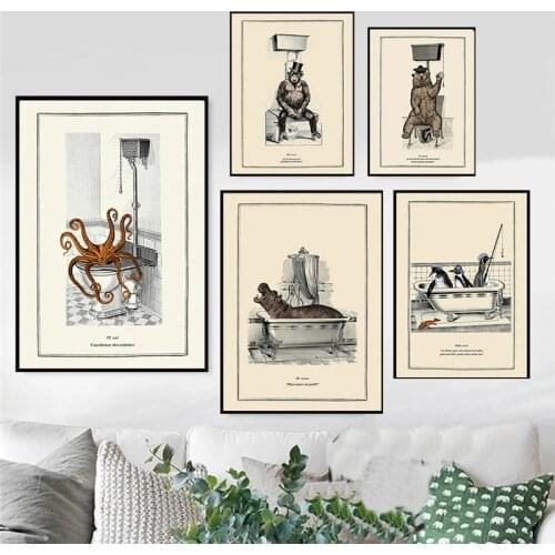 Funny Animal in Bathtub Poster prints Bear Octopus Penguin Chimpanzee Wall Art Canvas Painting Picture Bathroom Toilet Decor