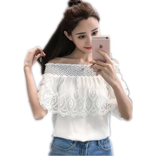 Summer Chiffon Women Blouses Patchwork Lace 2018 Sweet Sexy Slash Neck Short Sleeve Shirts Solid White Color Female Blouses Q316
