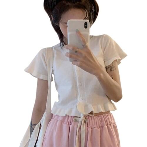 Women Sweet V-neck Tshirt Korean Style Ruffled Exposed Navel Knitted Short-sleeved Tee Shirt Tops