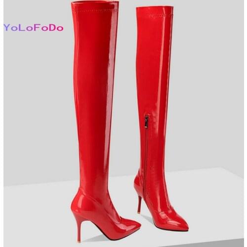 2021 Autumn Winter Women Over the Knee Boots Patent PU Leather Side Zipper Ladies Long Boots Pointed Toe Thin High Heel Boots