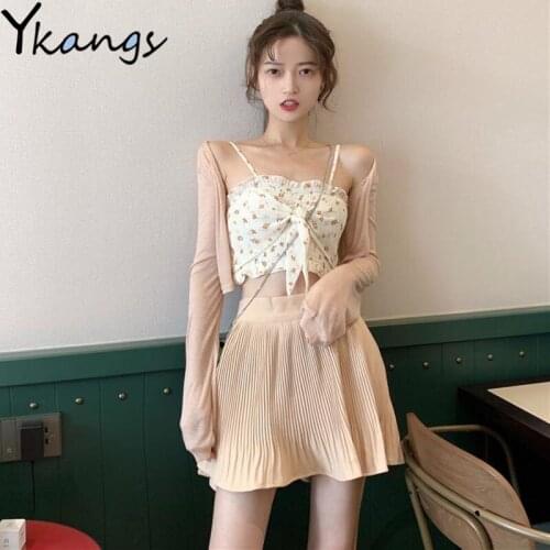 Summer High Waisted Pleated A-line Skirts Suits Women Print Sling Tube Bow Top Long Sleeve Cardigan Goblincore Aesthetic Female