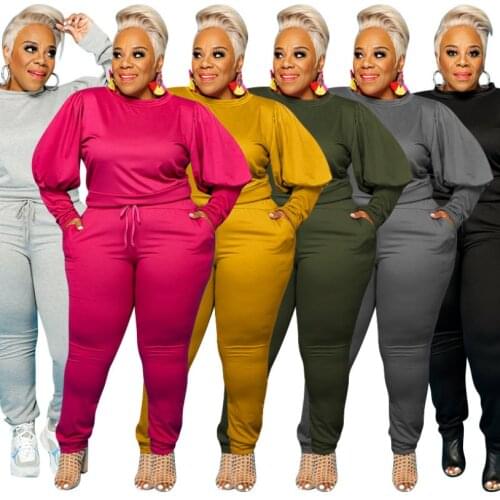 Plus Size Fashion Women Casual Solid Two Piece Sets Autumn New Lady O-neck Puffy Sleeve Sweatshirts Lace-Up Skinny Pants Outfits