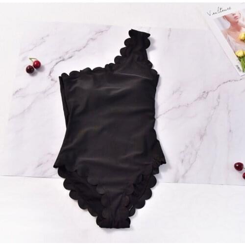 Women Vintage One Piece Swimsuit Scalloped Trim One Shoulder Bikini Bathing Suit Solid Black Low Back Padded Monokini Swimming