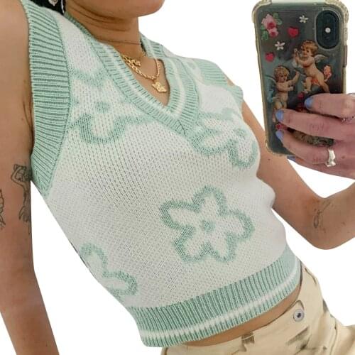 Womens V Neck Sweater Vest Sexy Sleeveless Floral Print Slim Fit Knit Crop Tank Tops