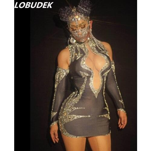 Sexy V-neck Off Shoulder Rhinestones Skinny Short Dress Women DJ Singer Nightclub Sexy Stage Wear Birthday Prom Party Costume