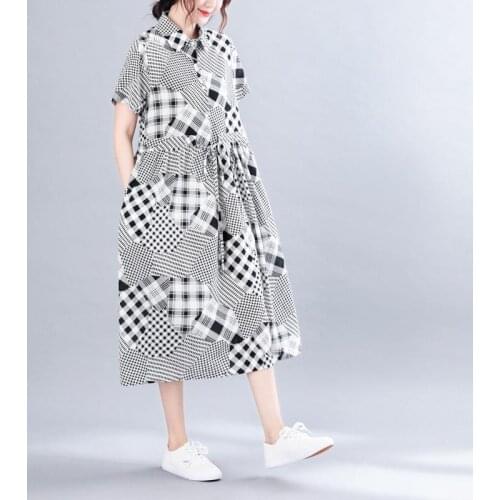 Office Ladies Plaid Elegant Loose Dress Women 2021 Print Korean Summer Literature Short-sleeved Casual Slim Long Female Dresses