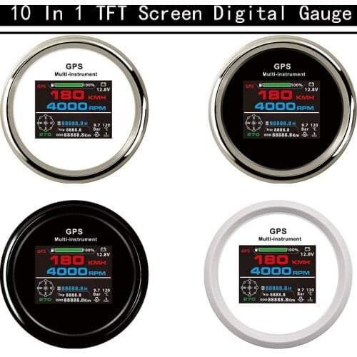 10 In 1 Multi-functional TFT Screen Digital Gauge GPS Speedometer Tachometer Water temp Fuel Level Oil press Hour Meter 85MM