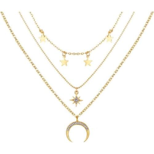 2021 Fashion Golden Five-pointed Star And Crescent Combination Pendant Necklace Multi-layer Necklace Charm Mens And Womens Bir