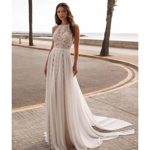 Bohemian Lace 2021 Wedding Dress Bridal Gown Boho Maxi A Line Beaded Jewel Neck V Simple Bride Dress Vestido De Noiva Brautkleid