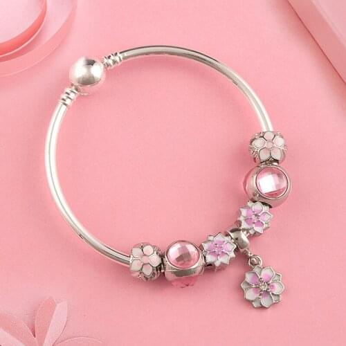 European & American Trendy Simple Pink Enamel Cherry Blossoms Charm Bangle Bracelet Tibetan Silver Pink Crystal Ball Bead Bangle